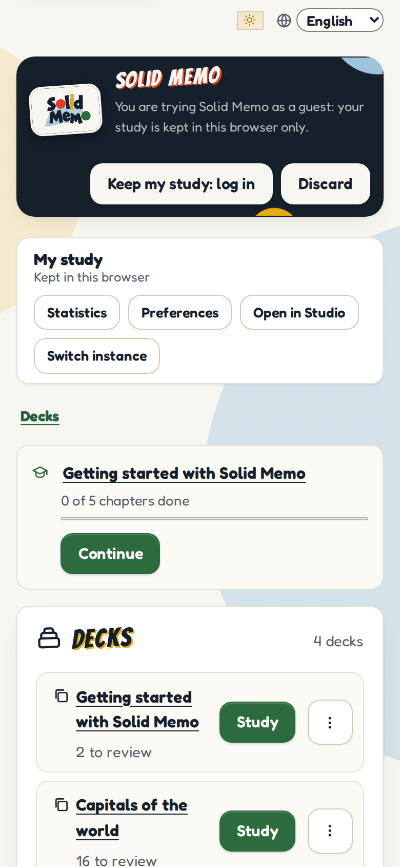 A guest's deck list on a phone: a banner saying the study is kept in this browser only, with buttons to log in and keep it or to discard it, the course Getting started with Solid Memo to continue, then the decks, each with how many cards are left to review and a Study button.