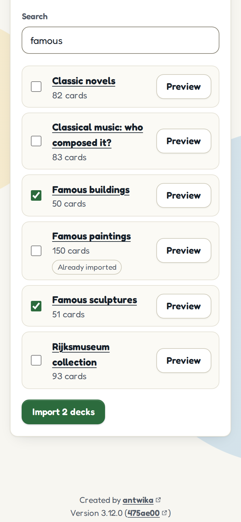 The deck library on a phone, searched for famous: the decks found, each with its number of cards and a Preview button, one marked Already imported, two checked, and an Import 2 decks button.