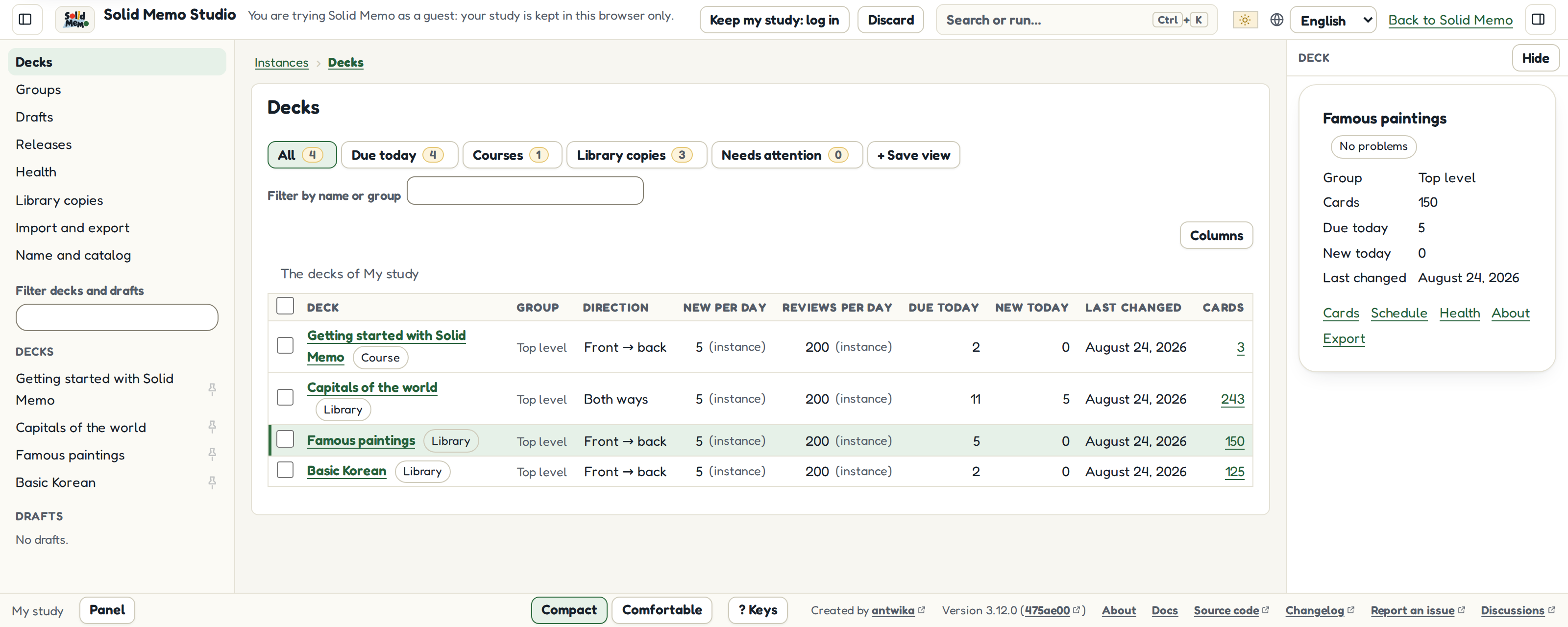 Solid Memo Studio on a desktop's screen: a sidebar of sections and decks, a table of the instance's decks with their settings and counts, and the deck picked in it described in a panel beside it.