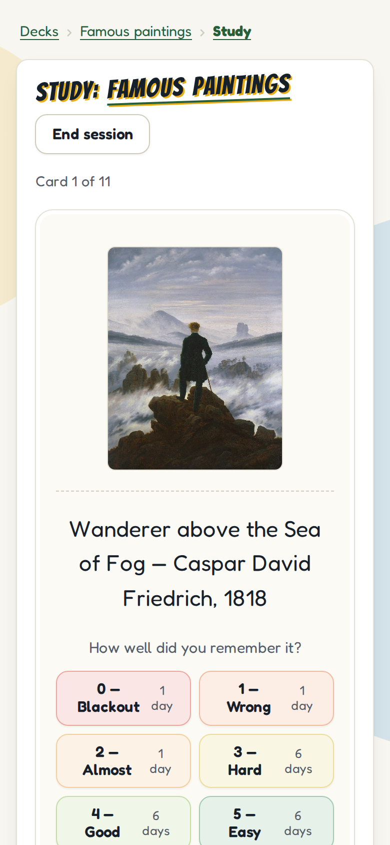 A study session of the deck Famous paintings on a phone: Caspar David Friedrich's Wanderer above the Sea of Fog on the card's front, its title, painter and date revealed below it, and buttons from 0 to 5 to grade the answer.